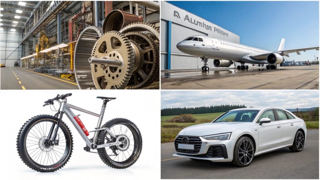 A visual showcasing various items made from 6061-T6 aluminum, such as a bicycle frame, a small aircraft component, and a structural bracket.